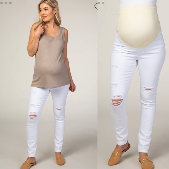 PinkBlush White Distressed Maternity Full Panel Skinny Jeans - Picture 9 of 9
